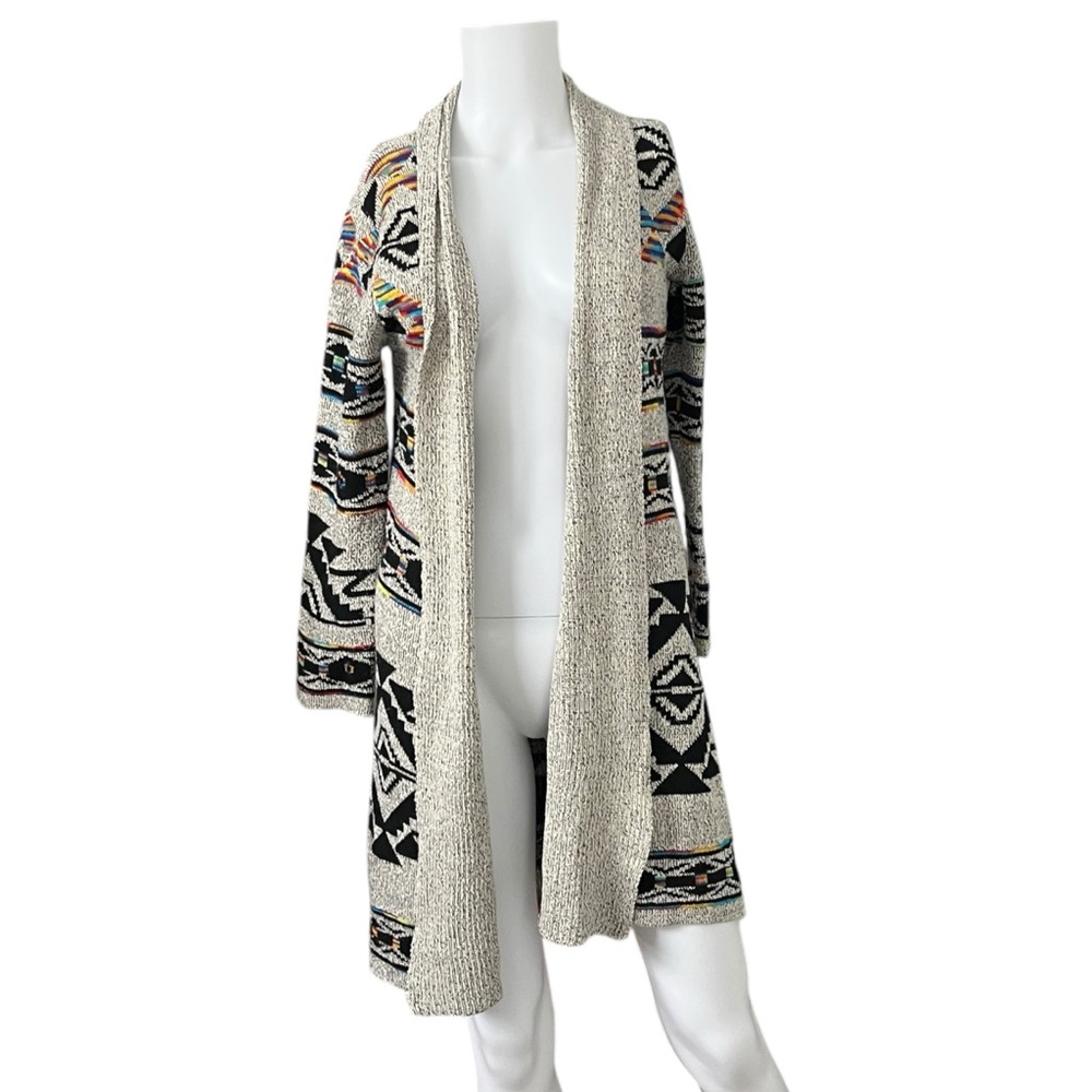 On Blue Long Open Front Cardigan Sweater Aztec Colorful Womens Size Small